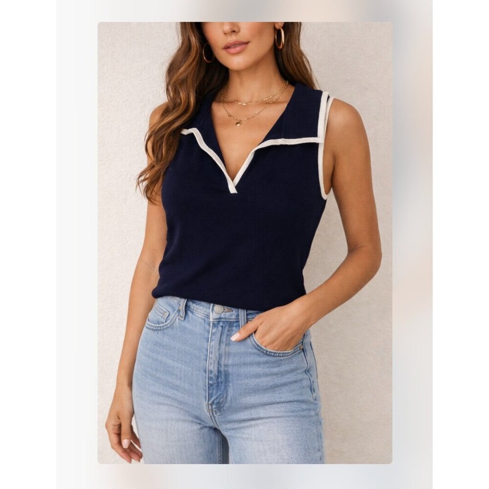 Caroline Constas Knit Top Womens XS Navy Blue Collared Sleeveless Top